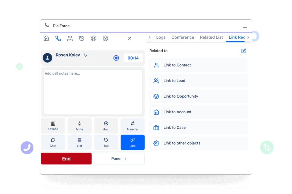 Salesforce in-call panel showing transfer options, notes, SMS/MMS, and related record linking.