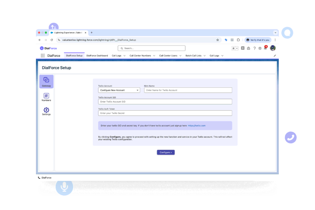 Salesforce setup screen showing DialForce integration with Twilio account configuration and number assignment.