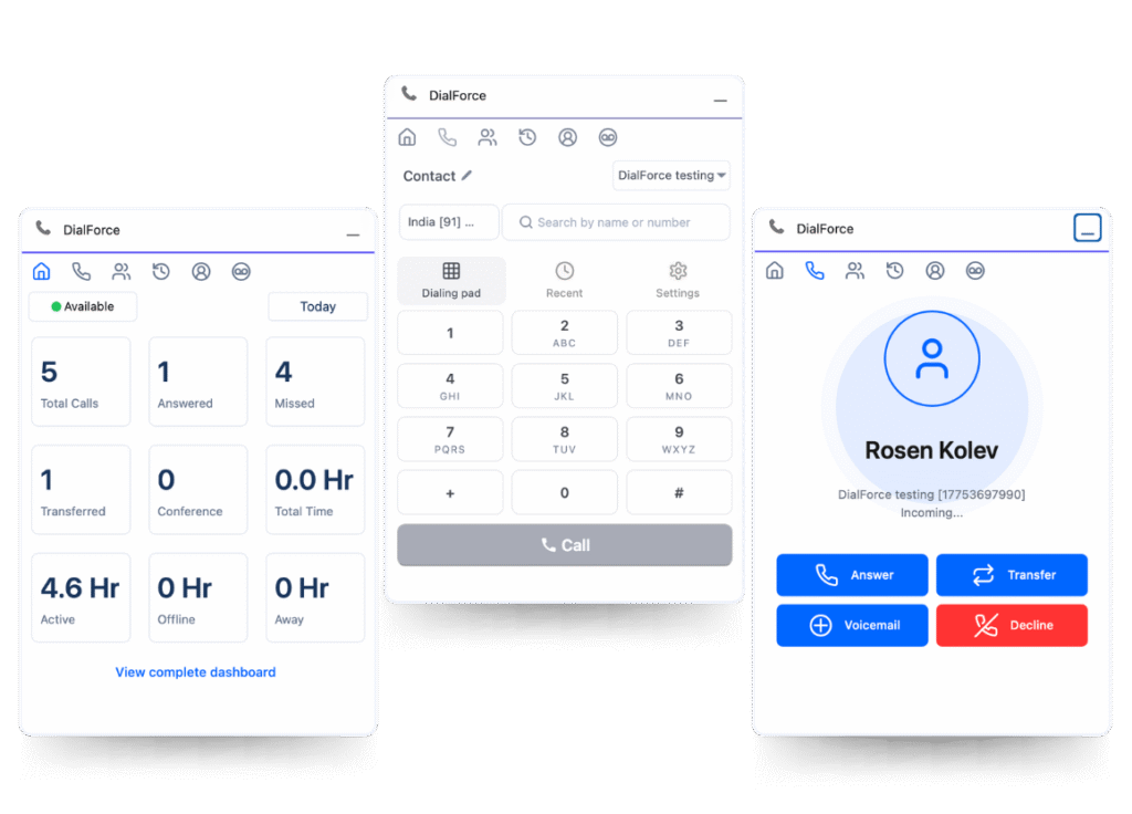 Visual illustration of DialForce's top three features incoming calling, power dialer and report all inside Salesforce.