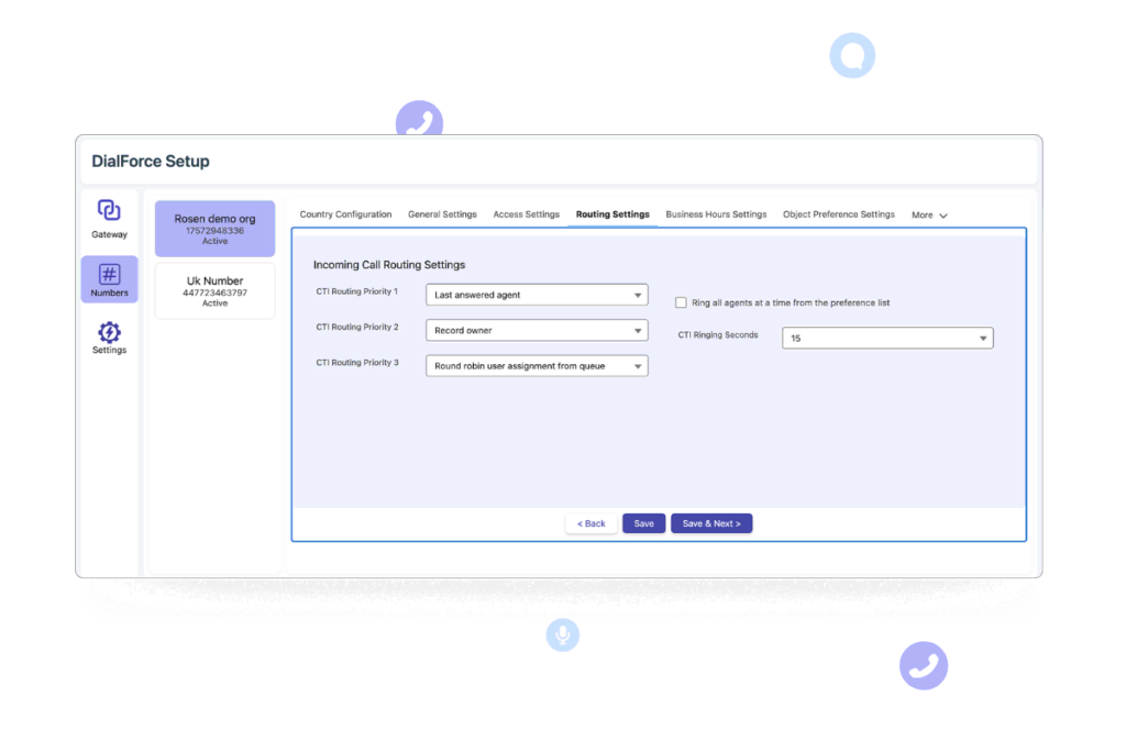 Salesforce routing configuration screen showing priority options for call handling.