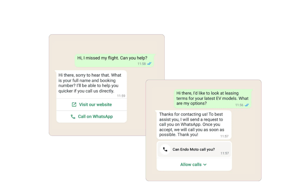 Example of WhatsApp Business calling workflow, showing call request and quick call options integrated with Salesforce.