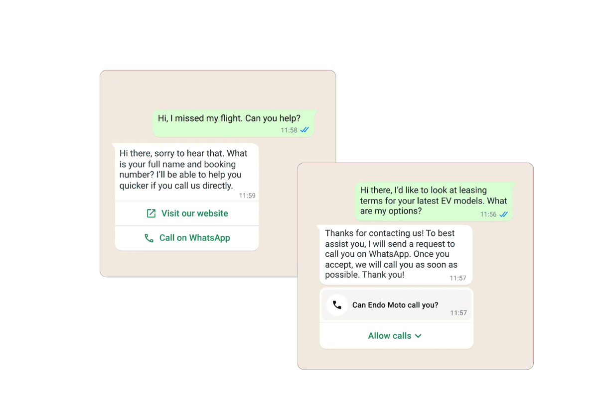 Example of WhatsApp Business calling workflow, showing call request and quick call options integrated with Salesforce.